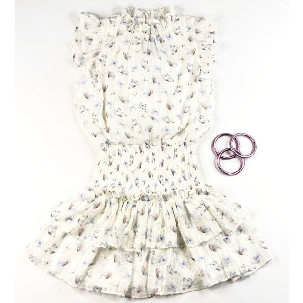 TCEC White and lavender butterfly smock waist dress never worn size large